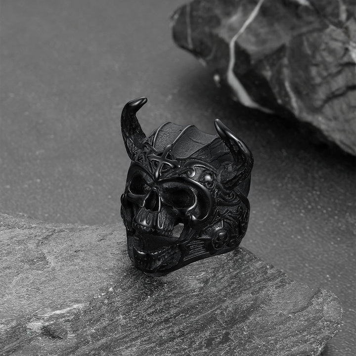 Heavy Metal Demon Skull Ring with Horns for Men, Stainless Steel Band