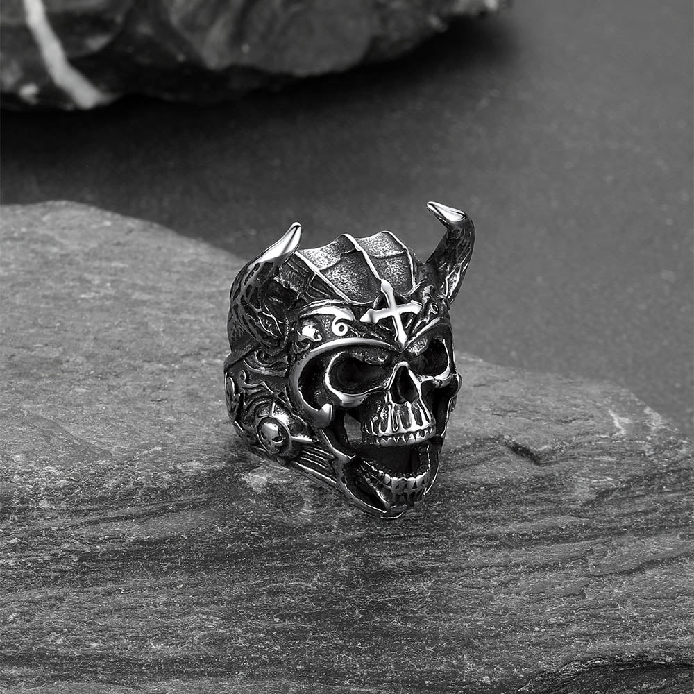 Heavy Metal Demon Skull Ring with Horns for Men, Stainless Steel Band