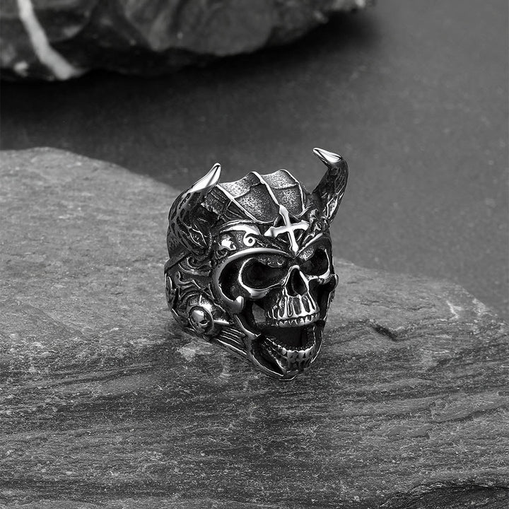 Heavy Metal Demon Skull Ring with Horns for Men, Stainless Steel Band