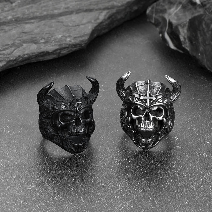 Heavy Metal Demon Skull Ring with Horns for Men, Stainless Steel Band
