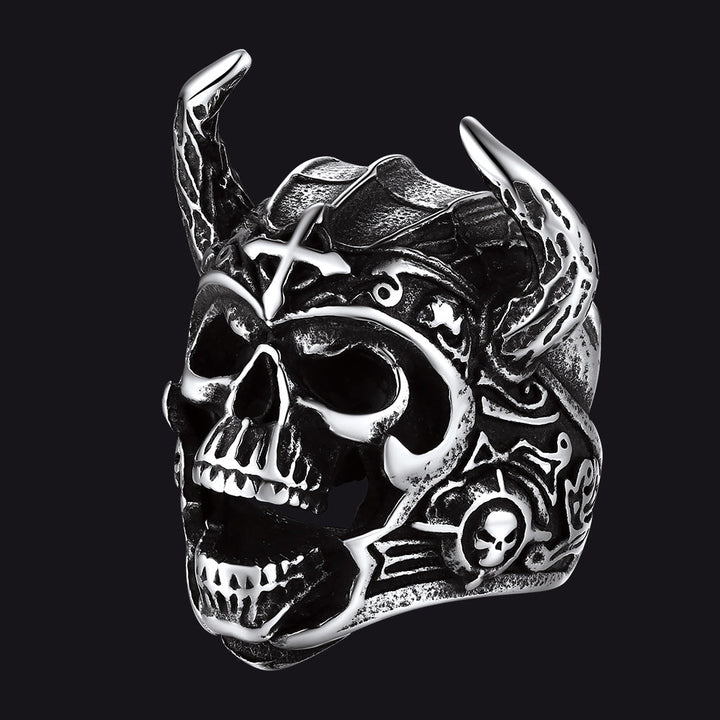 Heavy Metal Demon Skull Ring with Horns for Men, Stainless Steel Band