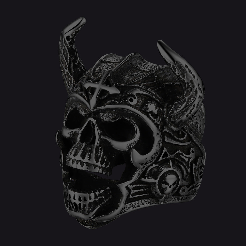 Heavy Metal Demon Skull Ring with Horns for Men, Stainless Steel Band