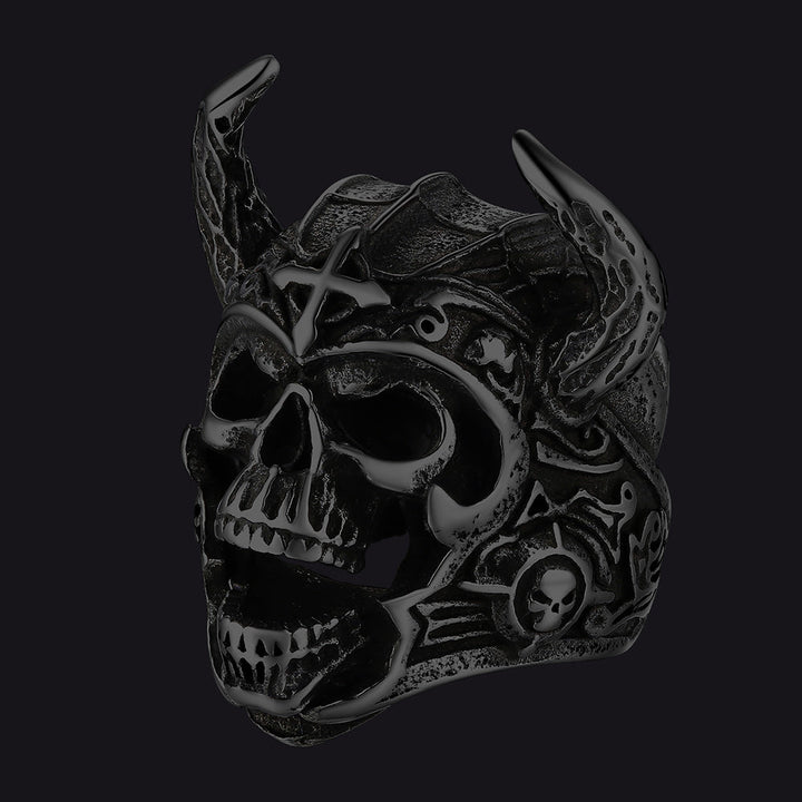 Heavy Metal Demon Skull Ring with Horns for Men, Stainless Steel Band