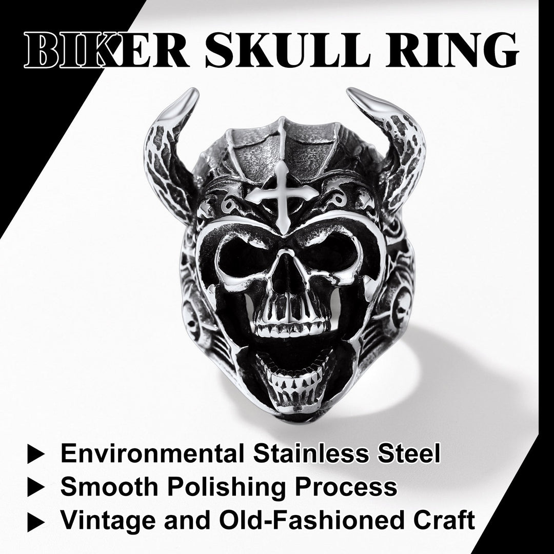 Heavy Metal Demon Skull Ring with Horns for Men, Stainless Steel Band