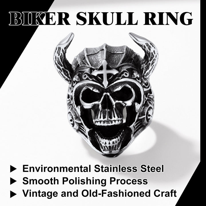 Heavy Metal Demon Skull Ring with Horns for Men, Stainless Steel Band