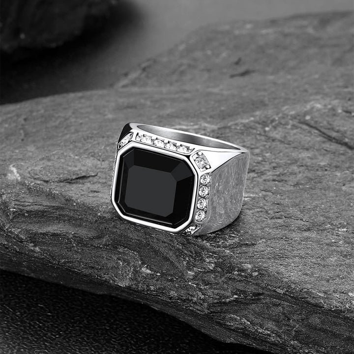 Rhinestones Embrace Black Onyx Stainless Steel Ring
