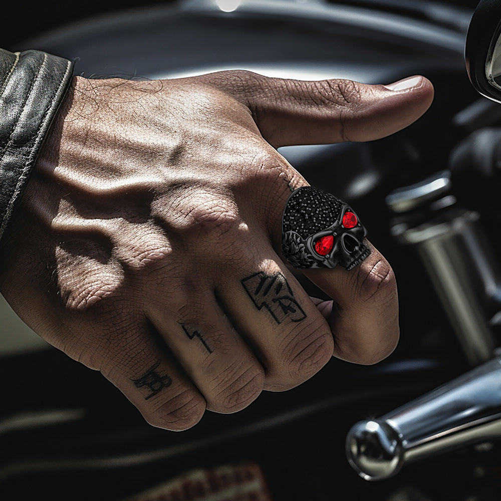 Biker Red Eye Skull Ring for Men in Stainless Steel