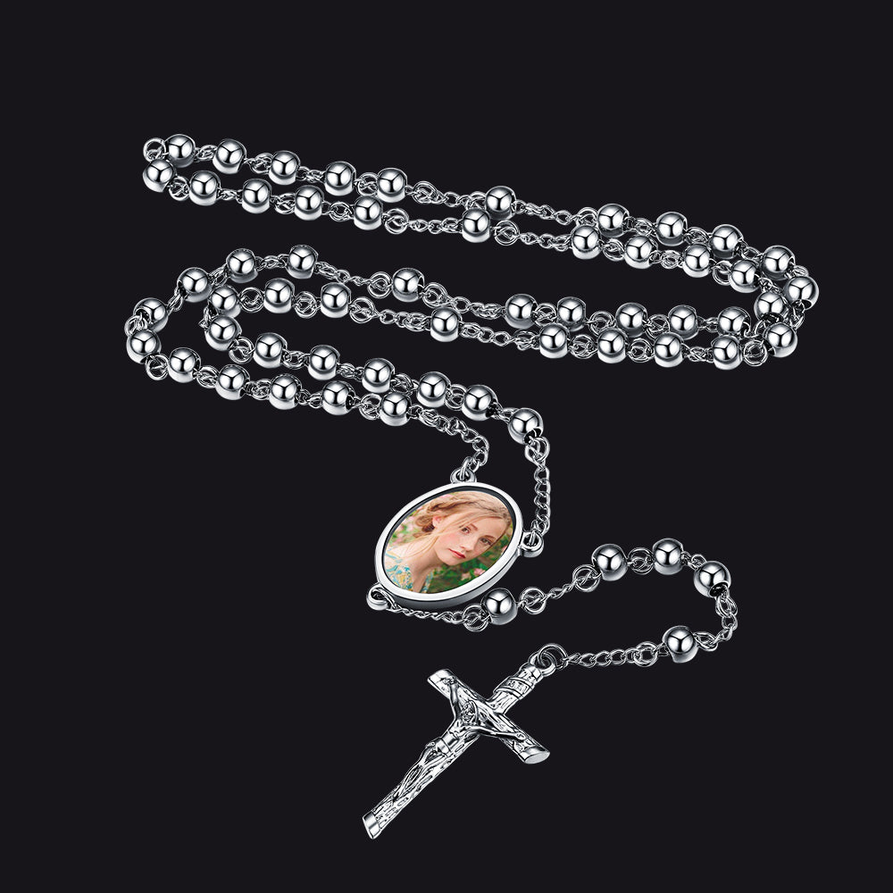 Customized Rosary Beads Cross Necklace with Picture for Women Men