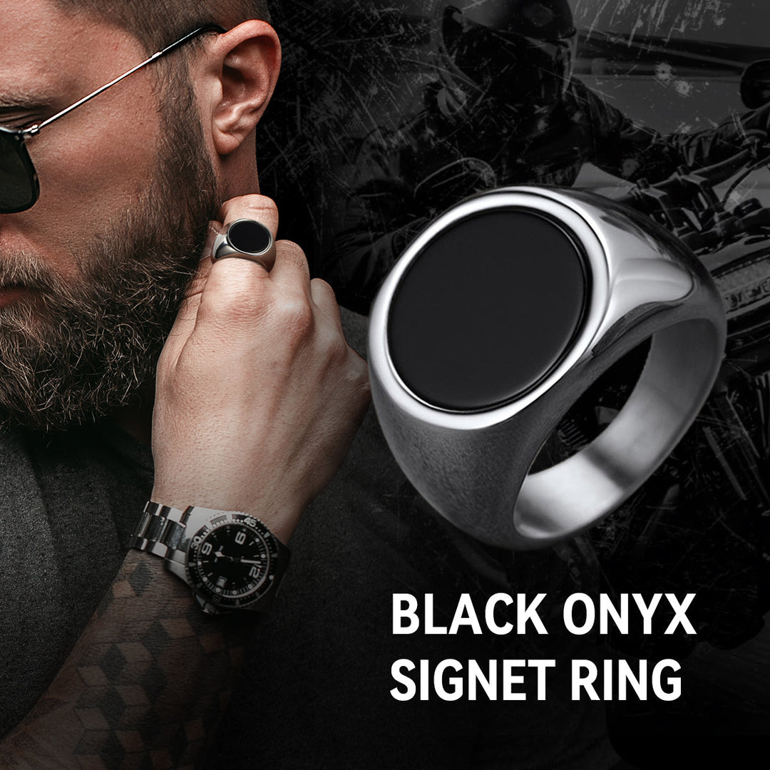 Round Black Onyx Signet Ring for Men Stainless Steel