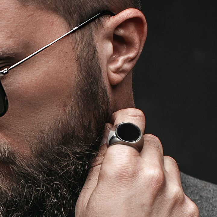 Round Black Onyx Signet Ring for Men Stainless Steel
