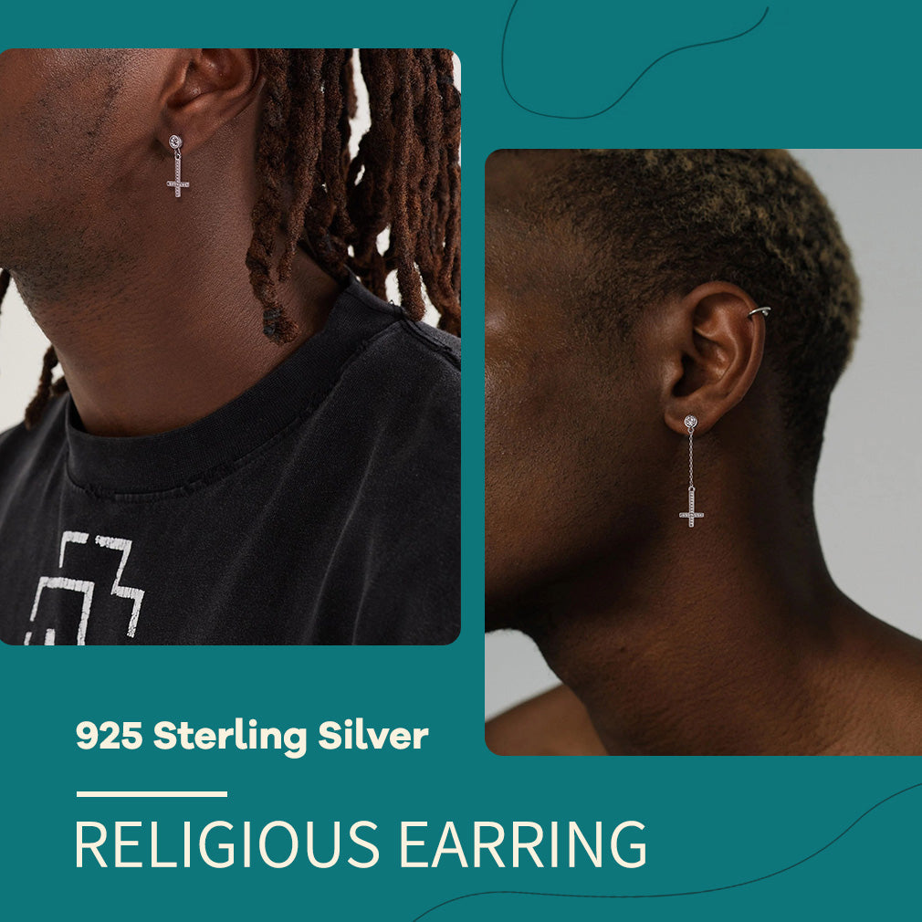 Sterling Silver Upside Down Cross Earrings with Diamond for Men