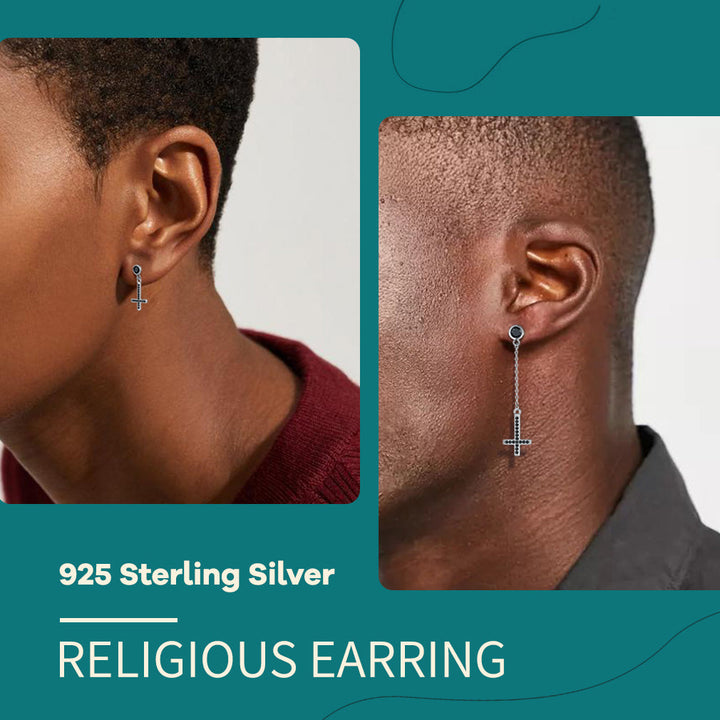 Sterling Silver Upside Down Cross Earrings with Diamond for Men
