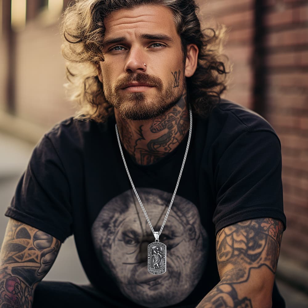 Engraved Saint Christopher Dog Tag Necklace for Men