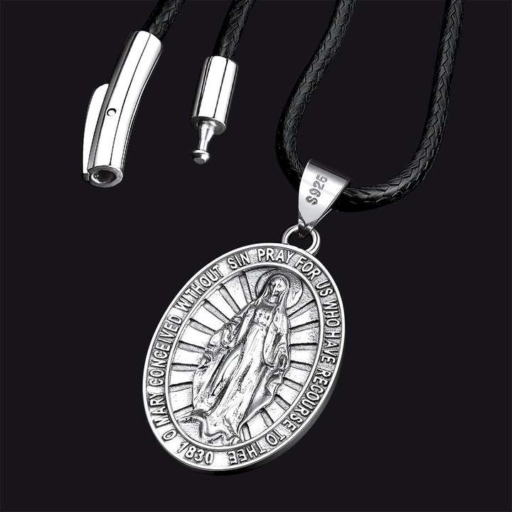 Sterling Silver Virgin Mary Necklace Medallion with Leather Chain