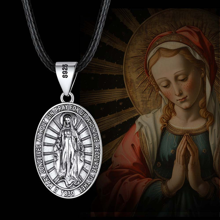 Sterling Silver Virgin Mary Necklace Medallion with Leather Chain