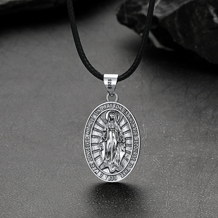 Sterling Silver Virgin Mary Necklace Medallion with Leather Chain