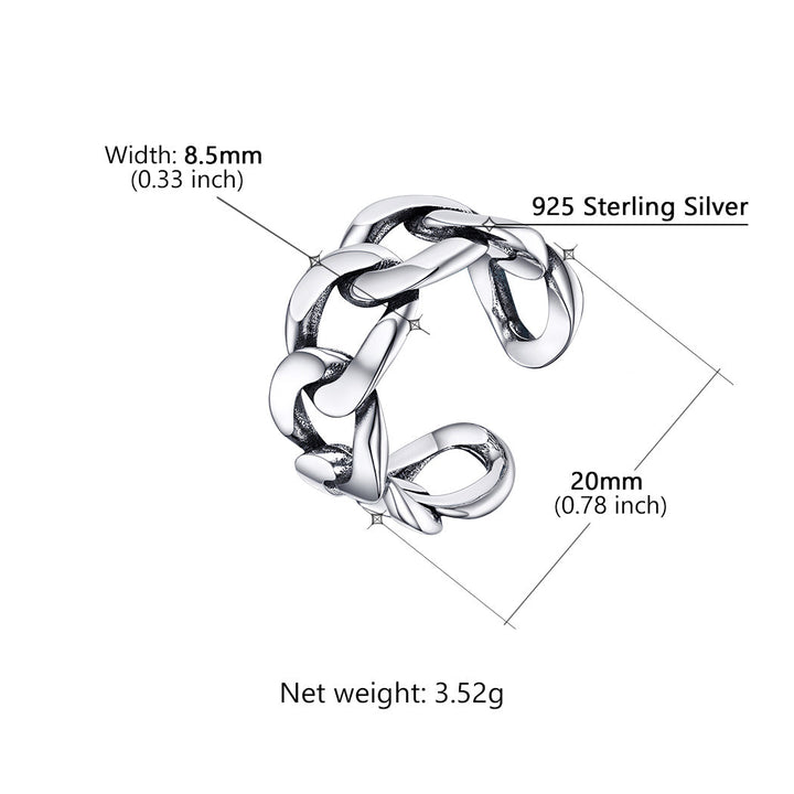 925 Sterling Silver Cuban Chain Open Adjustable Ring for Men Women