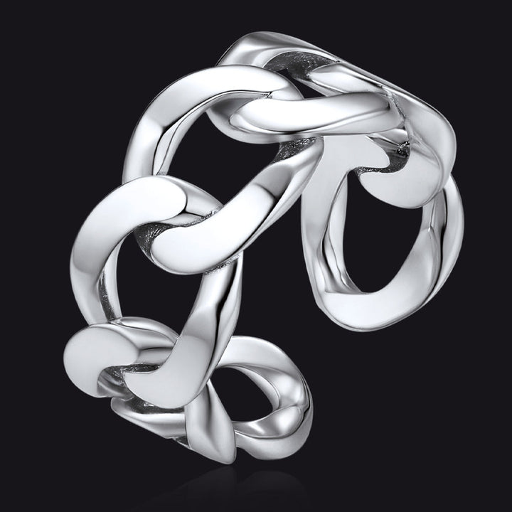 925 Sterling Silver Cuban Chain Open Adjustable Ring for Men Women