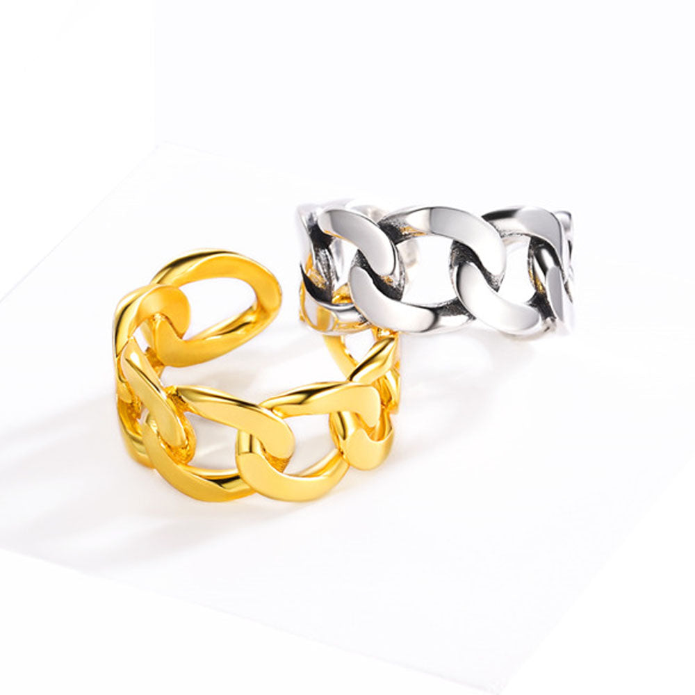 925 Sterling Silver Cuban Chain Open Adjustable Ring for Men Women