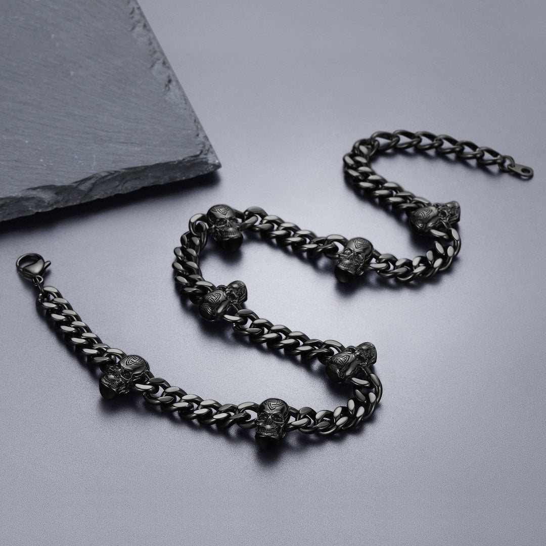 Gothic Skull Cuban Chain & Cross Layered Pendant Set for Men