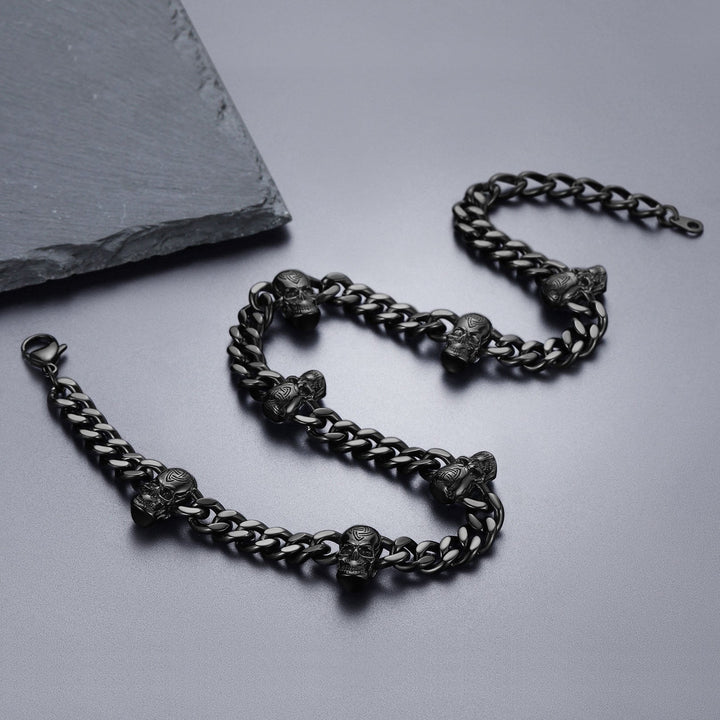 Gothic Skull Cuban Chain & Cross Layered Pendant Set for Men