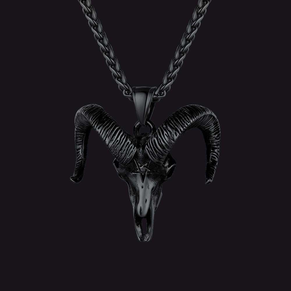 Satanic Goat Skull Head Necklace with Inverted Pentagram