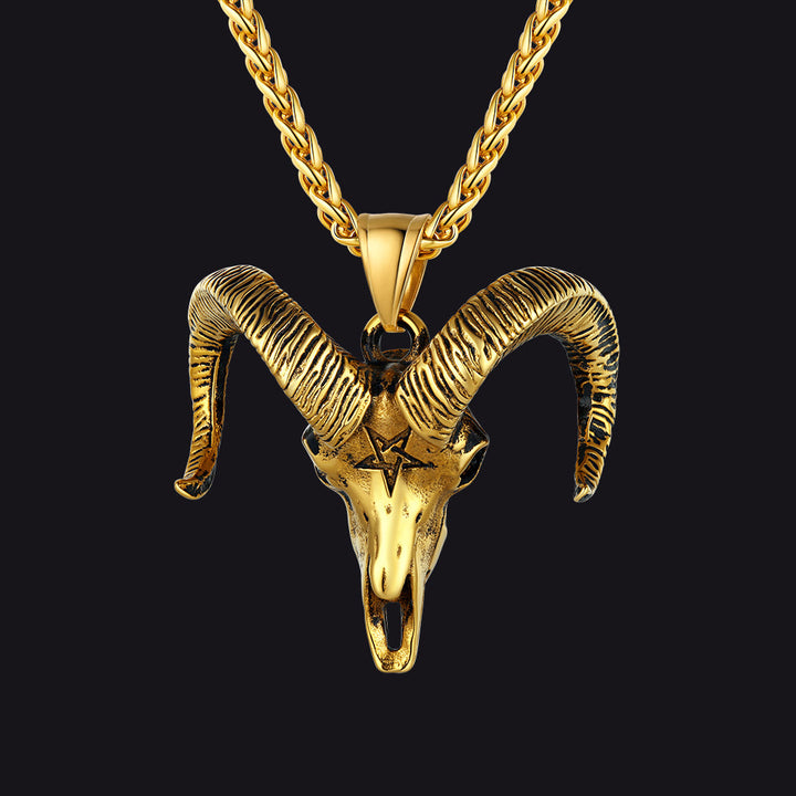 Satanic Goat Skull Head Necklace with Inverted Pentagram