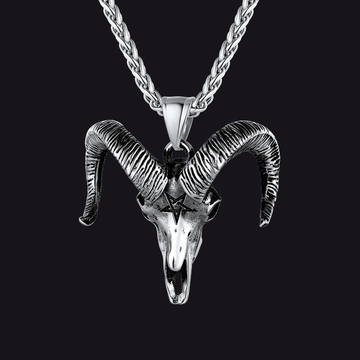 Satanic Goat Skull Head Necklace with Inverted Pentagram