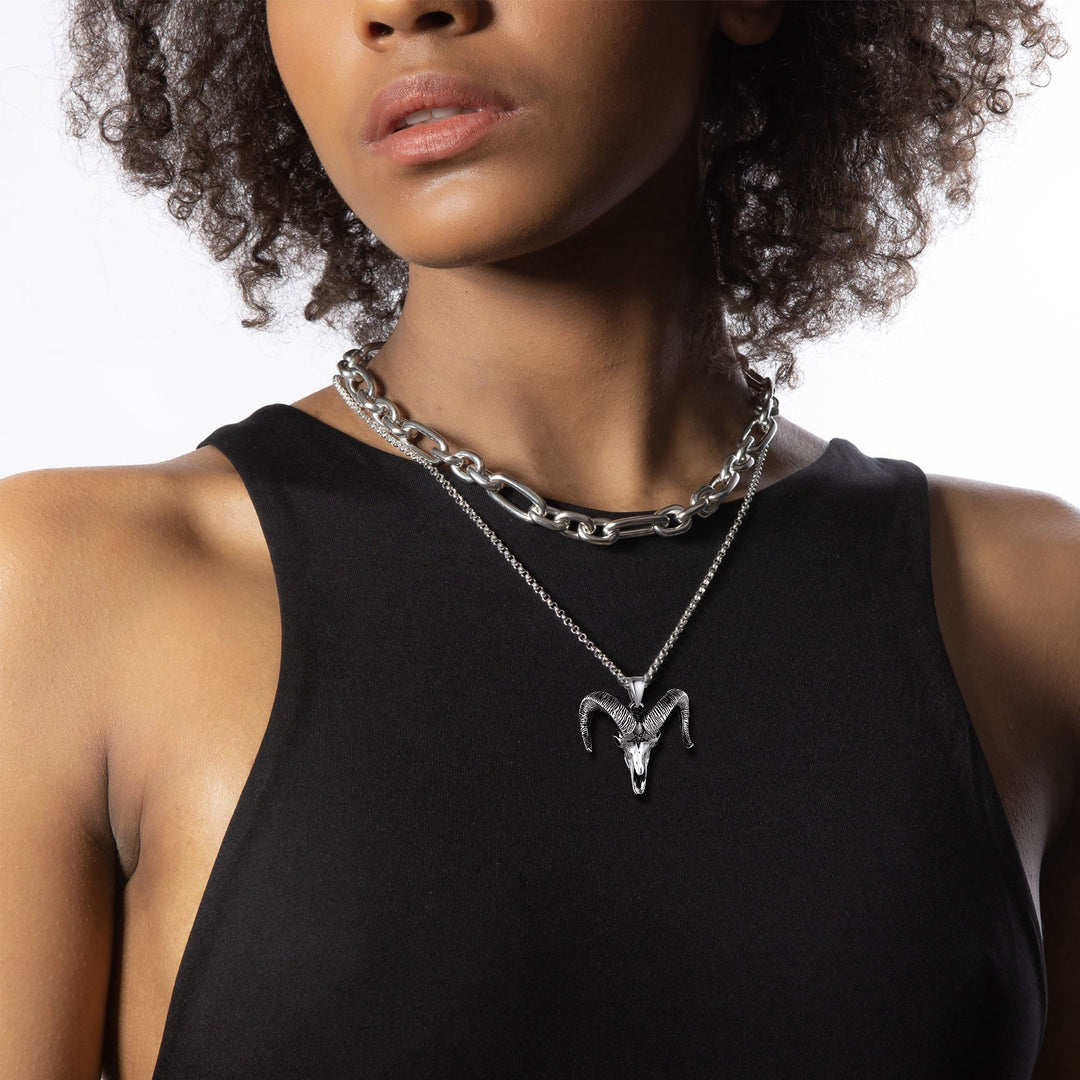 Satanic Goat Skull Head Necklace with Inverted Pentagram
