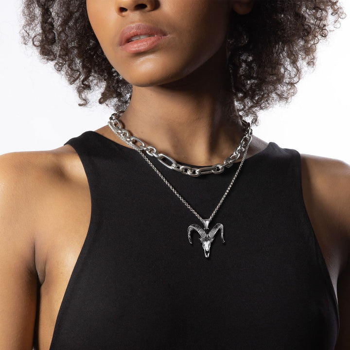 Satanic Goat Skull Head Necklace with Inverted Pentagram