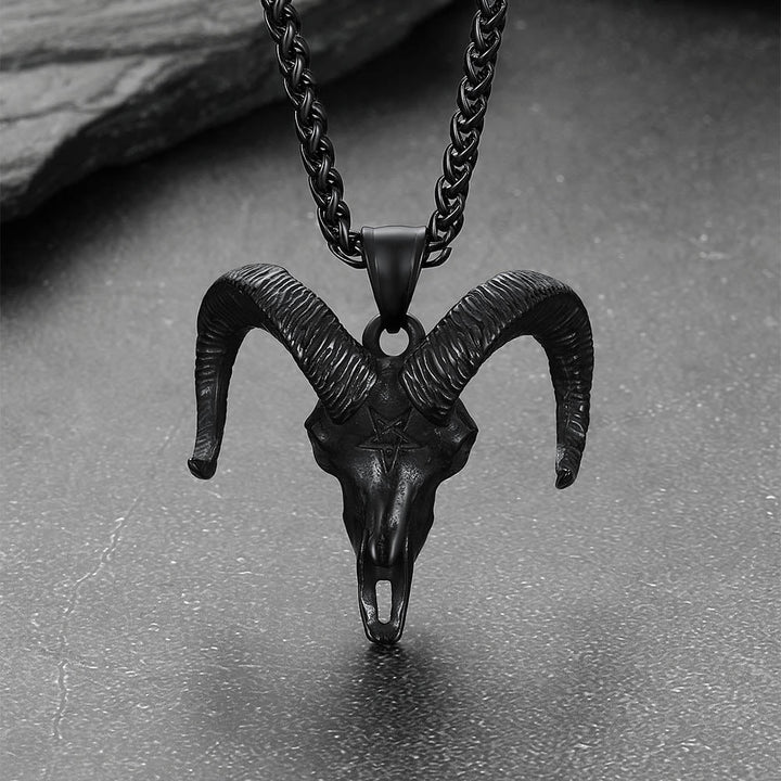 Satanic Goat Skull Head Necklace with Inverted Pentagram