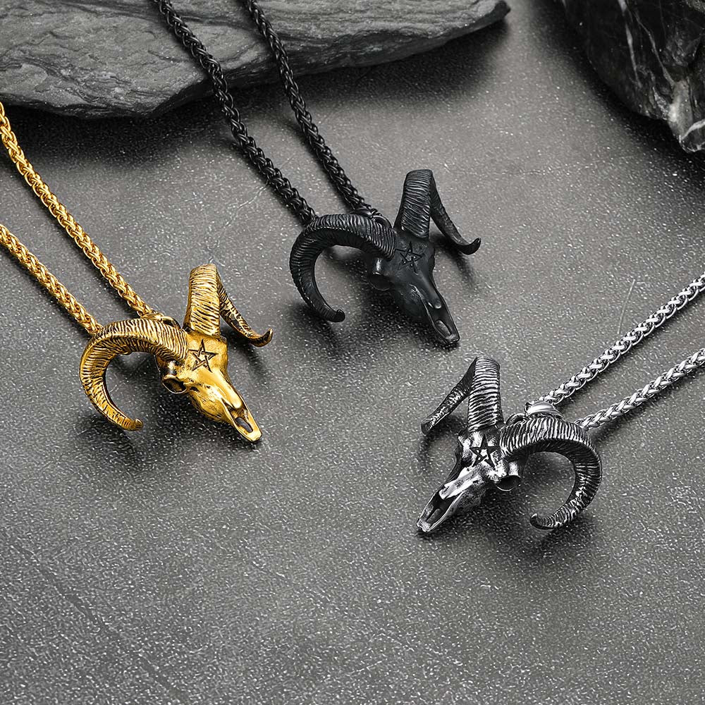 Satanic Goat Skull Head Necklace with Inverted Pentagram