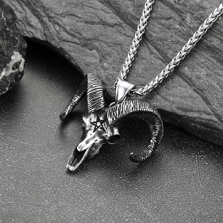 Satanic Goat Skull Head Necklace with Inverted Pentagram