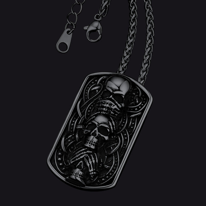 See No Evil, Hear No Evil, Speak No Evil Skulls Dog Tag Necklace for Men
