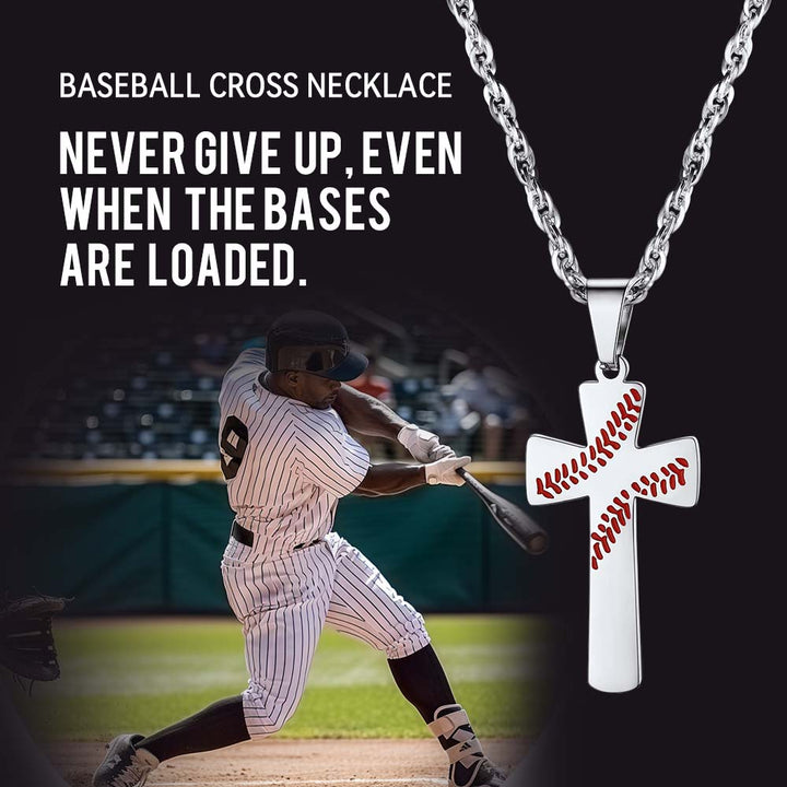 Engraved Sport Baseball Cross Necklace Pendant for Men Women