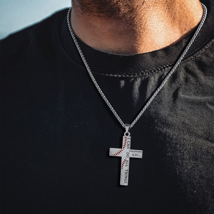 Sport Baseball Cross Necklace for Men, "I CAN DO All Things" Bible Verse Engraved