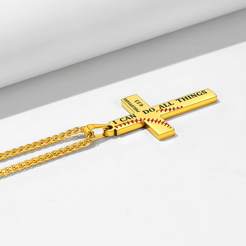 Sport Baseball Cross Necklace for Men, "I CAN DO All Things" Bible Verse Engraved