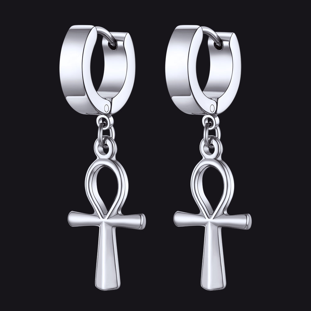 Ankh Cross Dangle Hoop Earrings for Men Women