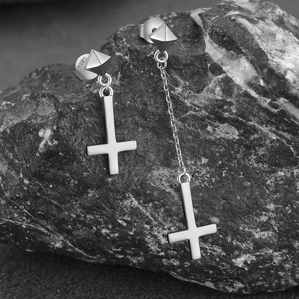 Sterling Silver Inverted Cross Dangling Stud Earrings for Men Women
