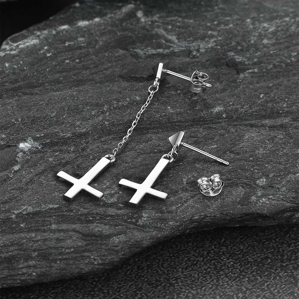 Sterling Silver Inverted Cross Dangling Stud Earrings for Men Women