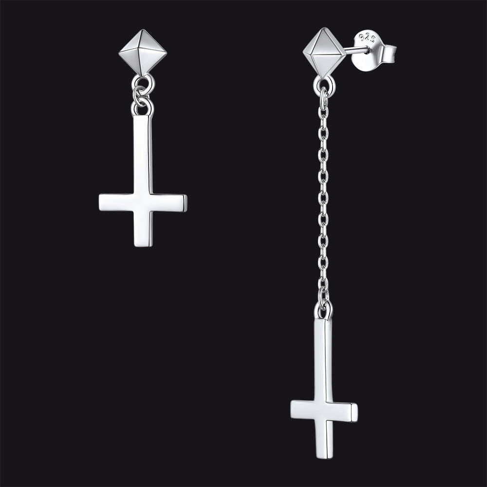 Sterling Silver Inverted Cross Dangling Stud Earrings for Men Women