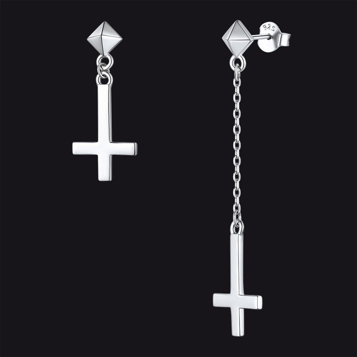 Sterling Silver Inverted Cross Dangling Stud Earrings for Men Women