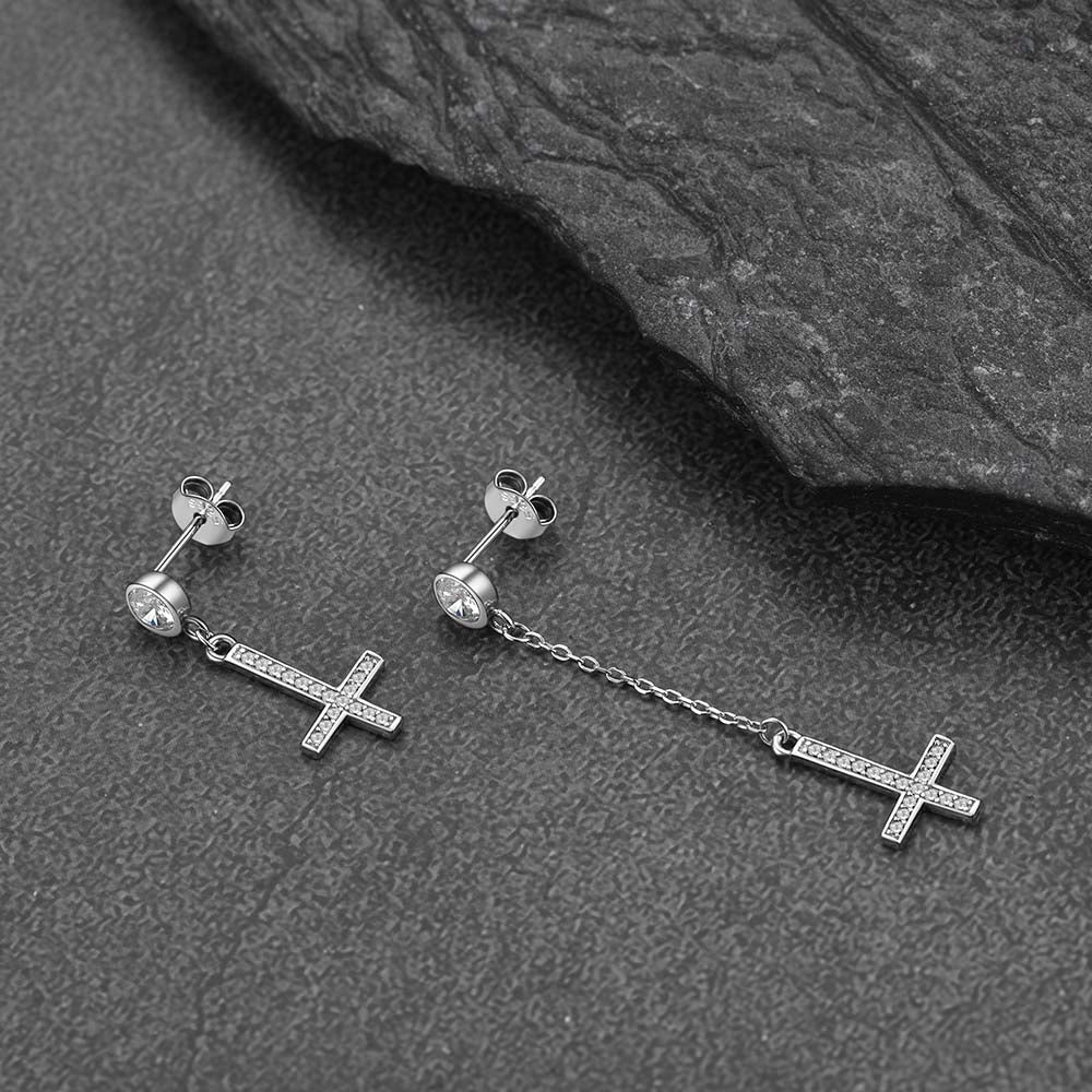 Sterling Silver Upside Down Cross Earrings with Diamond for Men