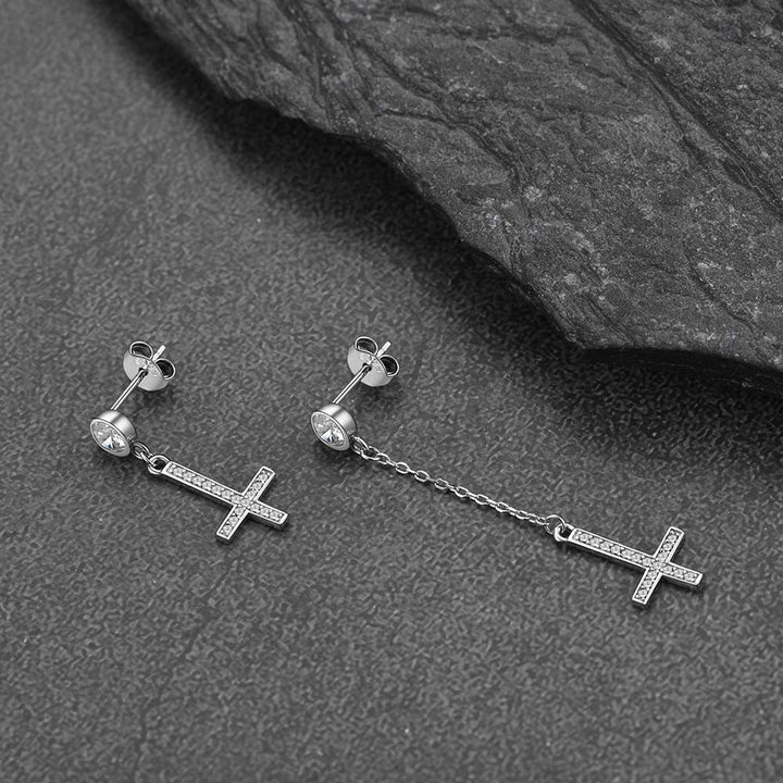 Sterling Silver Upside Down Cross Earrings with Diamond for Men