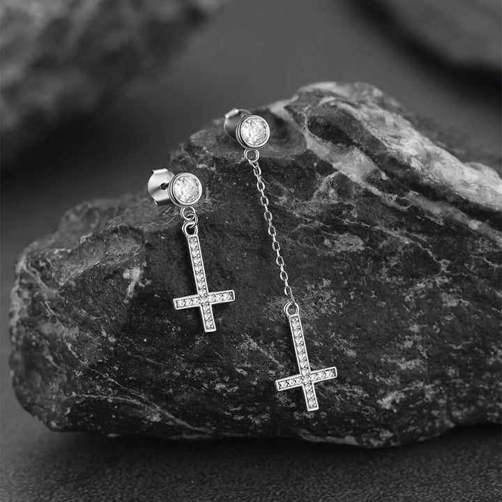Sterling Silver Upside Down Cross Earrings with Diamond for Men