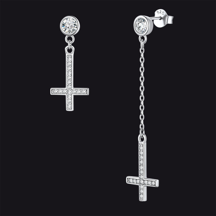Sterling Silver Upside Down Cross Earrings with Diamond for Men
