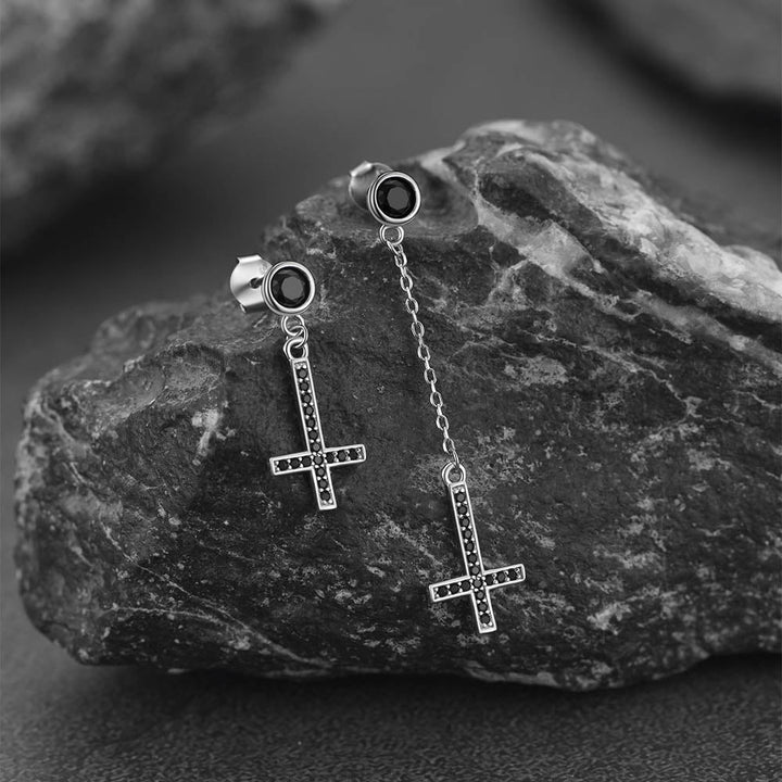 Sterling Silver Upside Down Cross Earrings with Diamond for Men