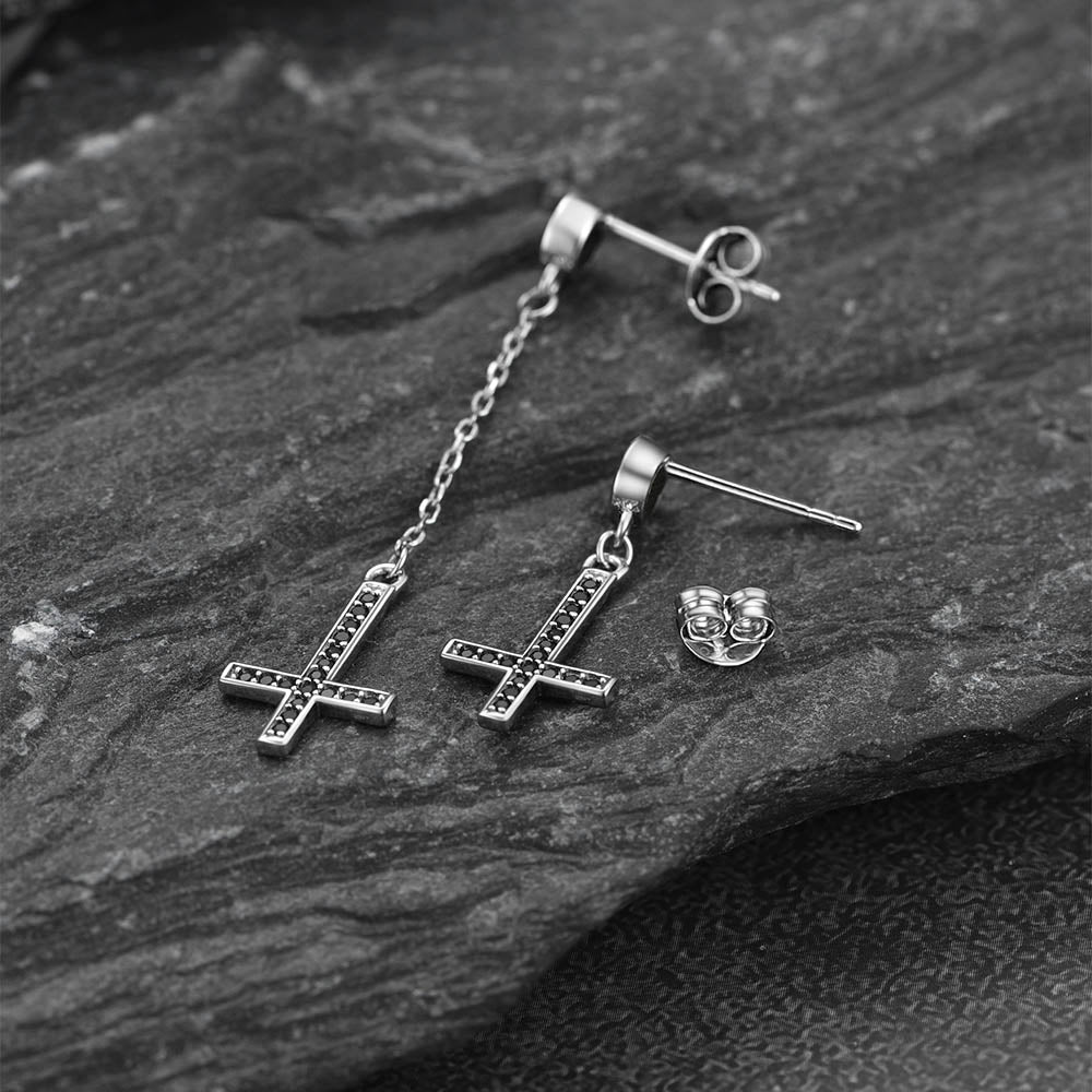 Sterling Silver Upside Down Cross Earrings with Diamond for Men