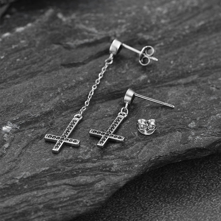 Sterling Silver Upside Down Cross Earrings with Diamond for Men