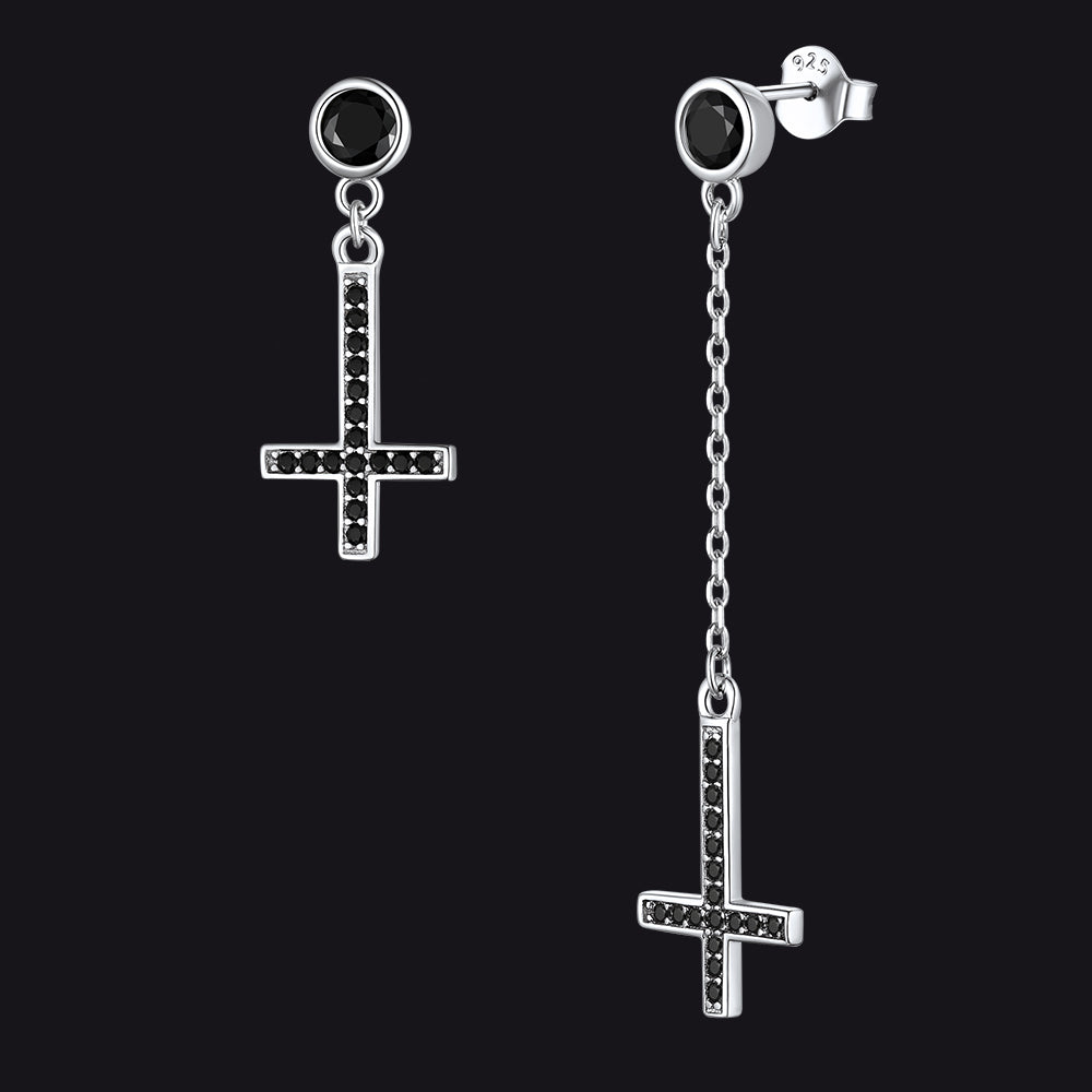 Sterling Silver Upside Down Cross Earrings with Diamond for Men